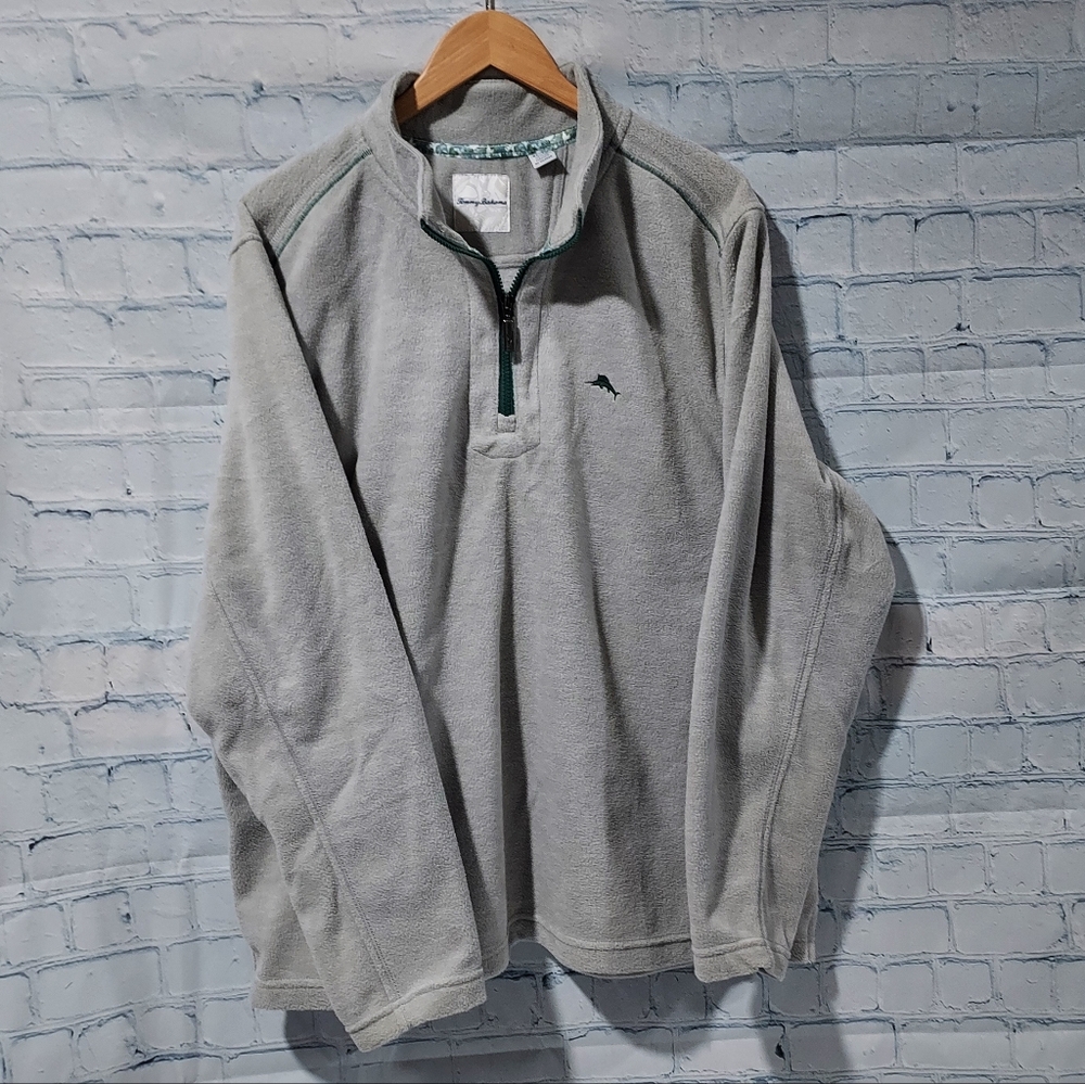 Tommy Bahama Womens XL Fleece Sweatshirt  Pullover Gray 1/4 Zip Neck Floral Trim
